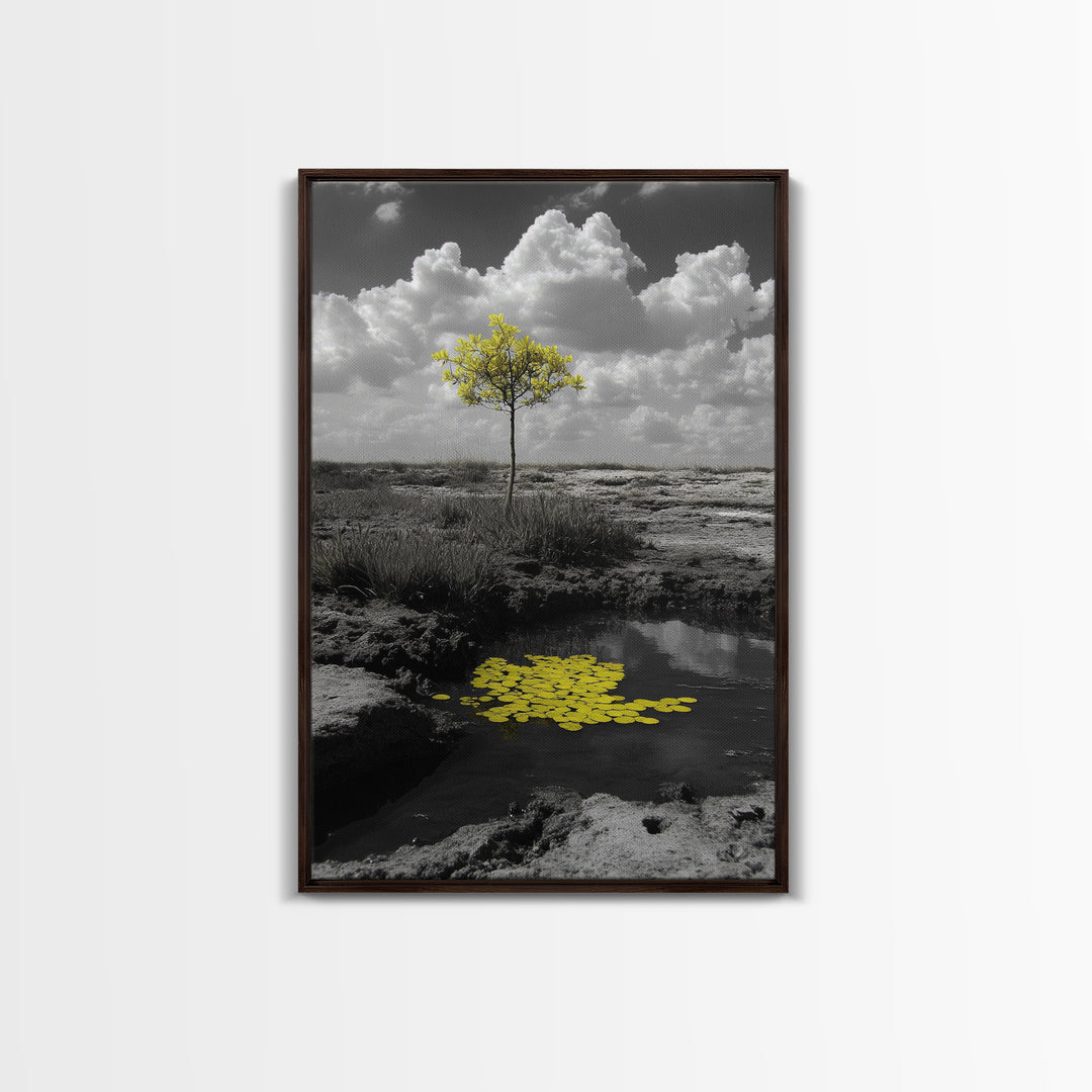 Solitary Tree, Desert Reflection, Yellow Leaves, Framed Canvas Print, Minimalist Wall Art, Bedroom Decor, Nature Fine Art Landscape