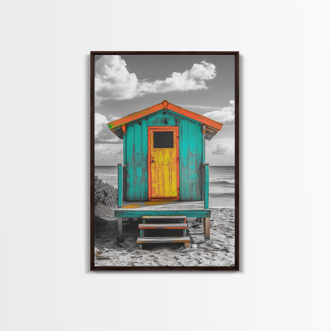 Colorful Beach Hut, Surf Shack, Coastal Cabin, Framed Canvas Print, Tropical Wall Art, Living Room Decor, Bright Summer Home Style