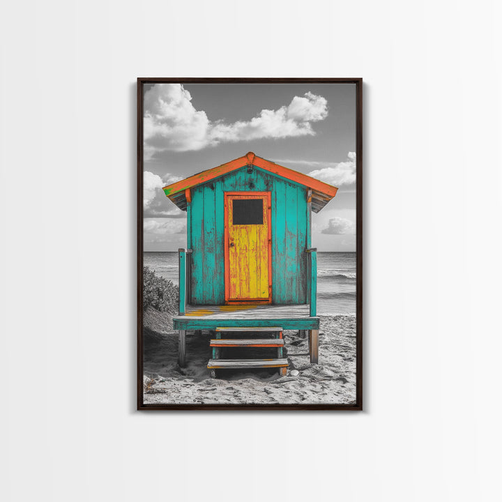Colorful Beach Hut, Surf Shack, Coastal Cabin, Framed Canvas Print, Tropical Wall Art, Living Room Decor, Bright Summer Home Style