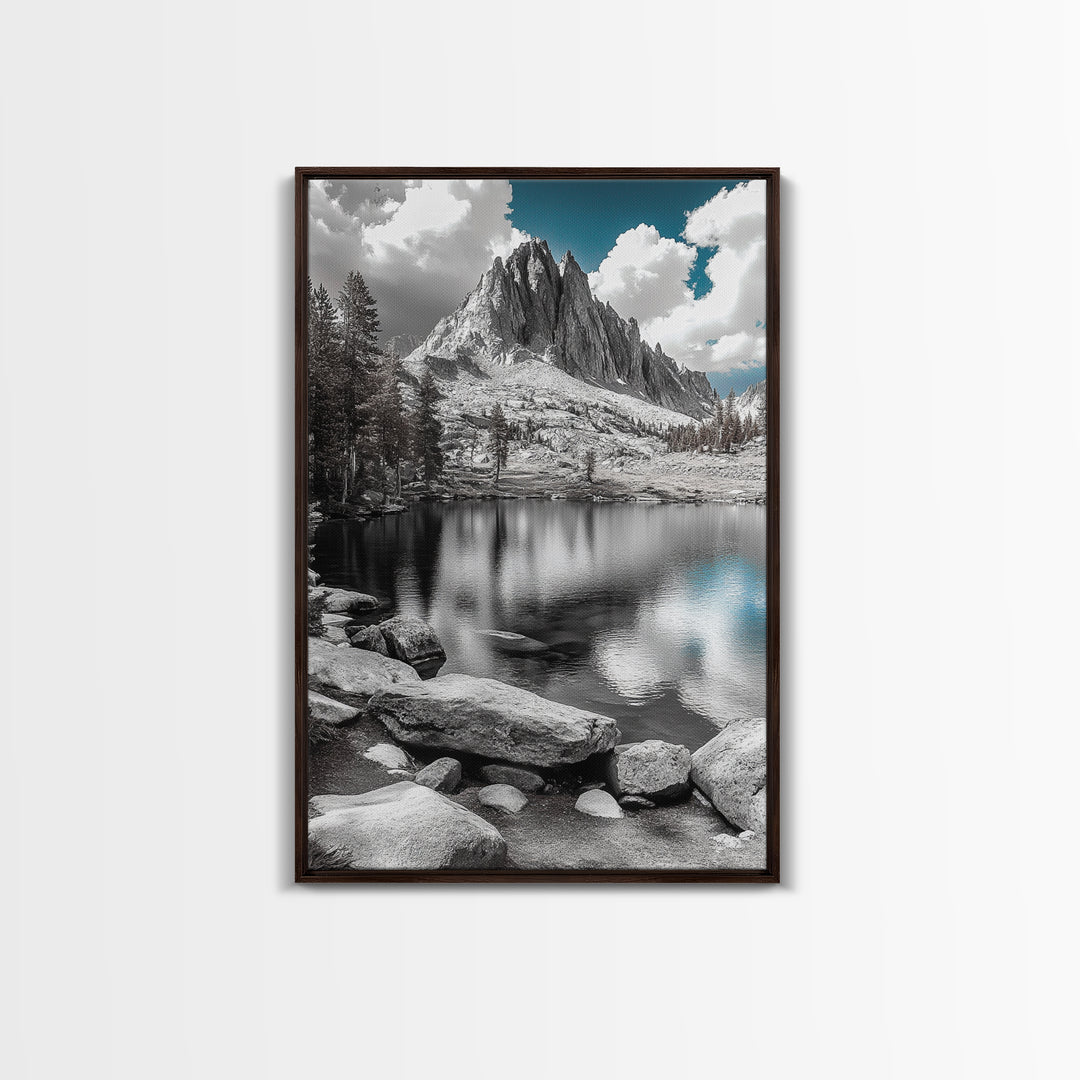 Crystal Lake Peaks, Serene Mountain Reflection, Monochrome Water Scene, Canvas Print, Bedroom Wall Art, Nature Photography Decor