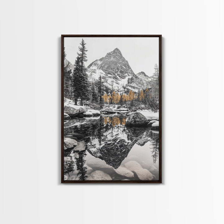 Snow Reflection Forest, Autumn Trees, Serene Mountain River, Framed Canvas Print, Bedroom Wall Art, Peaceful Cabin Scene, Fall Art