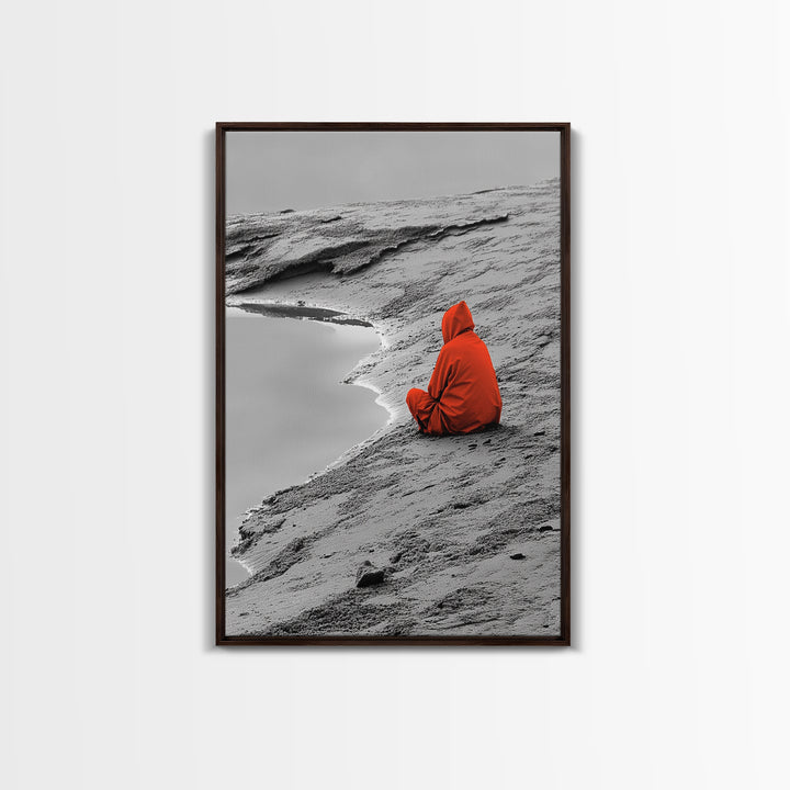 Red Cloaked Solitude, Minimalist Seashore, Peaceful Hooded Figure, Framed Canvas Print, Meditation Room Art, Surreal Photography