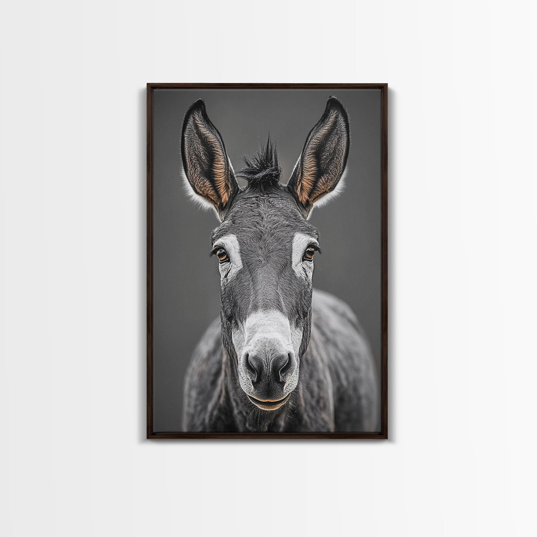Donkey Close-Up, Rustic Farm Animal, Black and White Portrait, Canvas Print, Farmhouse Kitchen Art, Country Animal Wall Decor