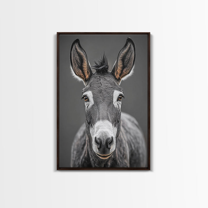 Donkey Close-Up, Rustic Farm Animal, Black and White Portrait, Canvas Print, Farmhouse Kitchen Art, Country Animal Wall Decor