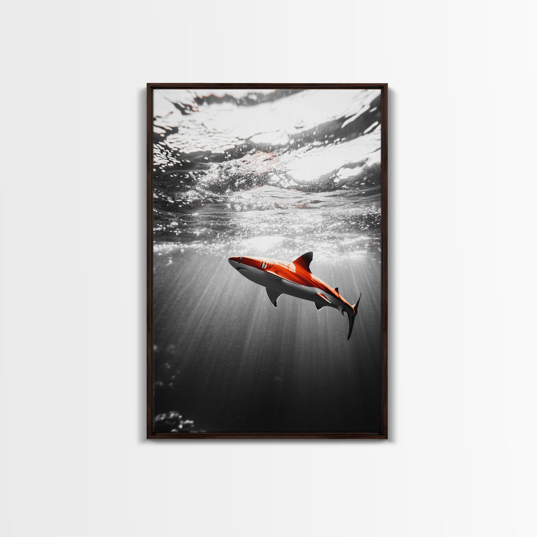 Red Shark, Underwater Scene, Ocean Light Rays, Color Contrast, Canvas Print, Modern Marine Art, Bathroom Wall Art, Nautical Style