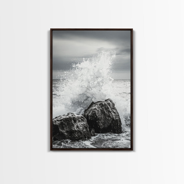 Ocean Splash, Rocky Coast, Dramatic Seascape, Monochrome Power, Framed Canvas Print, Coastal Wall Art, Entryway or Office Decor
