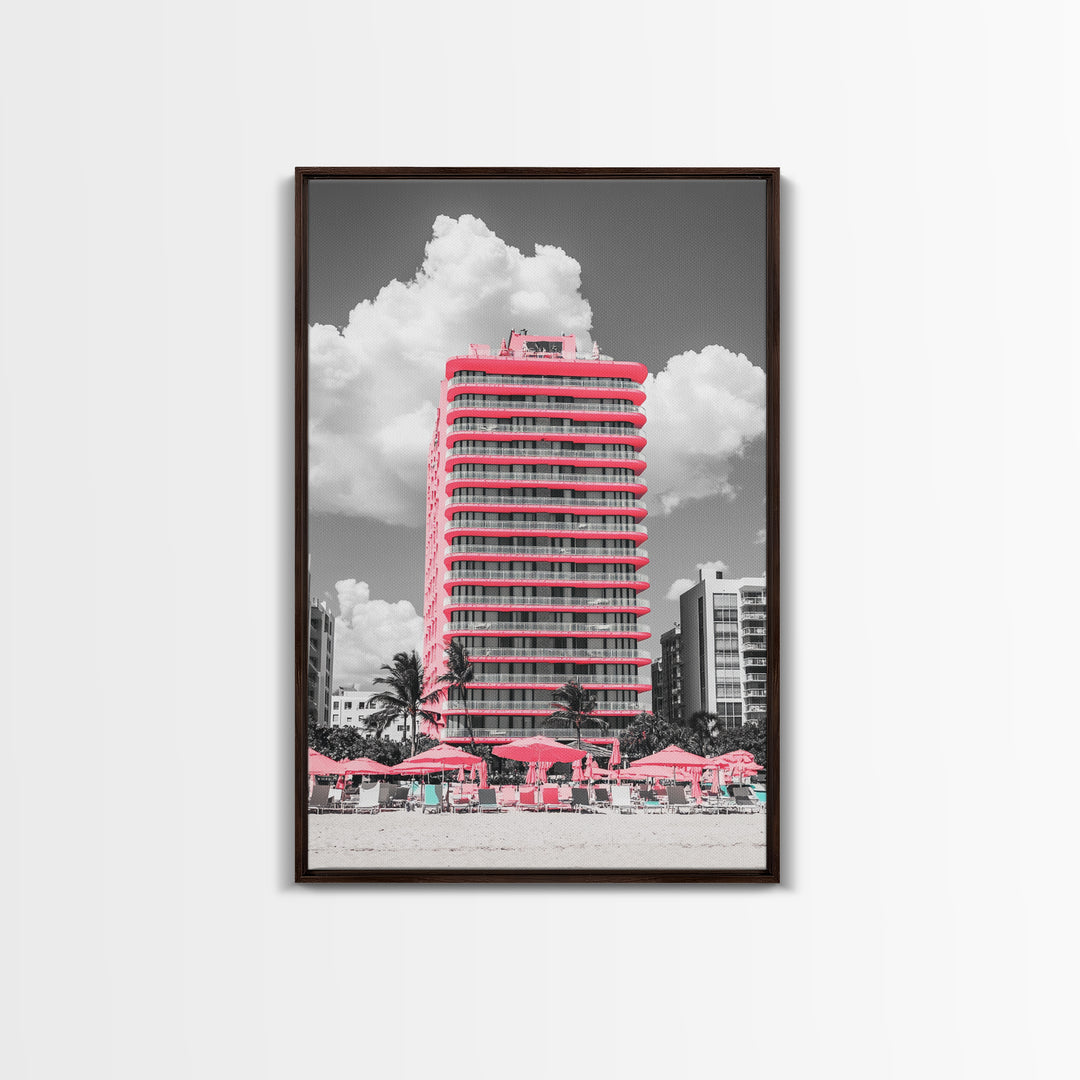 Pink Hotel, Miami Vibes, Summer Retro, Beach Scene, Canvas Print, Pop Art Aesthetic, Living Room Wall Art, Vacation Style