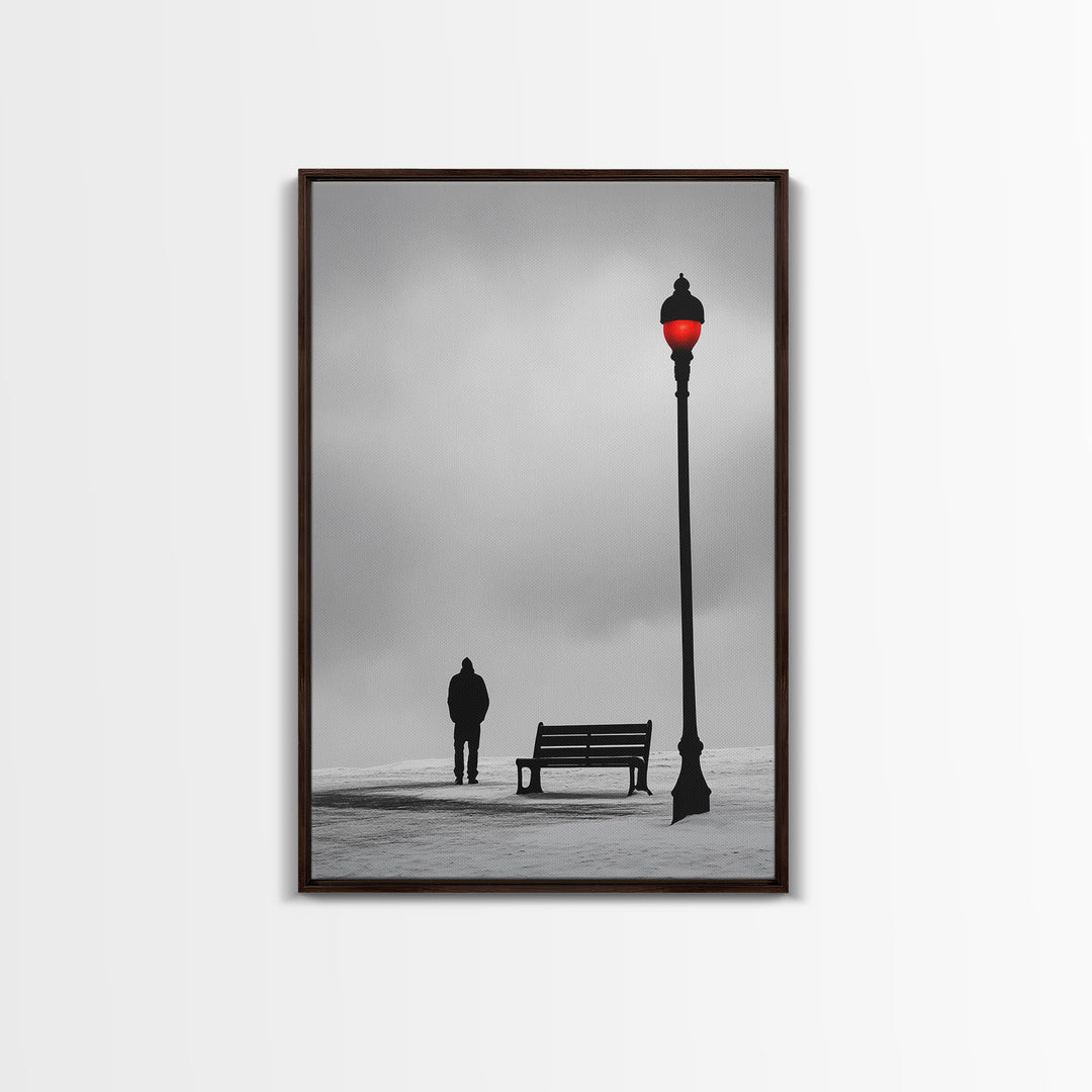 Red Street Lamp, Snowy Walkway, Silhouette Scene, Framed Canvas Print, Moody Wall Art, Minimalist Decor, Winter Vibes, Bedroom Accent