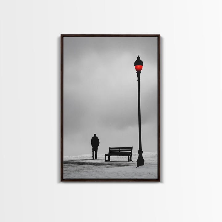 Red Street Lamp, Snowy Walkway, Silhouette Scene, Framed Canvas Print, Moody Wall Art, Minimalist Decor, Winter Vibes, Bedroom Accent