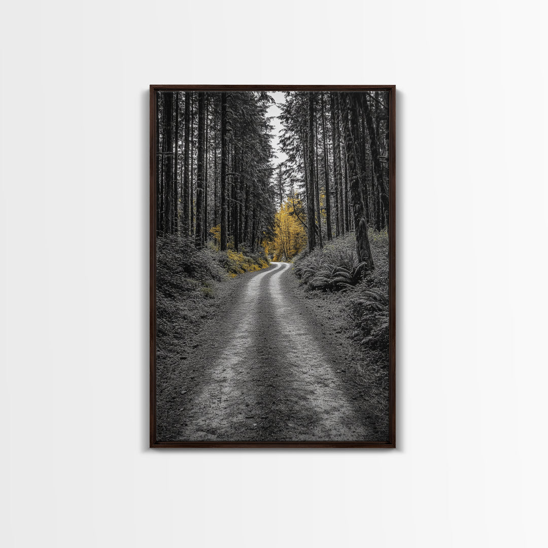 Forest Path, Yellow Trees, Autumn Trail, Framed Canvas Print, Fall Wall Art, Woodland Nature Decor, Cozy Home Accent, Entryway Artwork