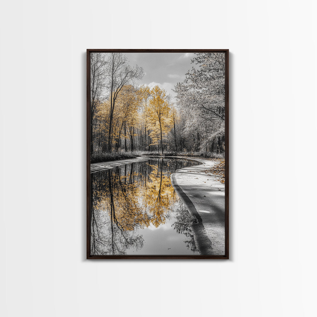 Autumn Trees, Yellow Reflection, Calm River, Nature Path, Framed Canvas Print fall landscape wall art, minimalist forest photography
