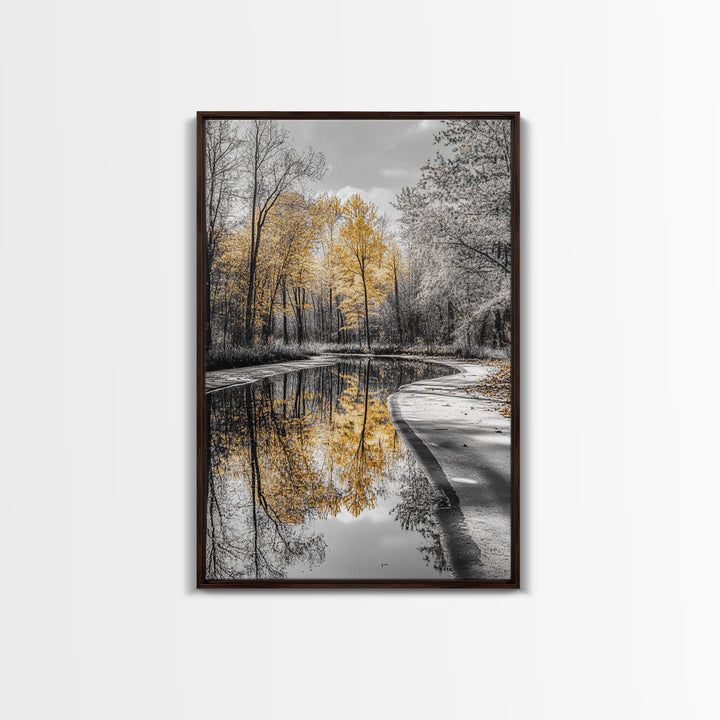 Autumn Trees, Yellow Reflection, Calm River, Nature Path, Framed Canvas Print fall landscape wall art, minimalist forest photography