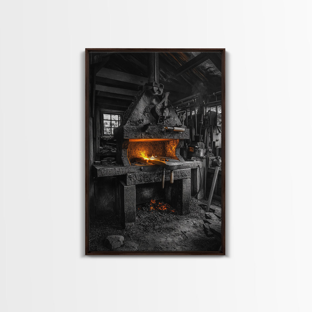 Forge Fire, Rustic Workshop, Industrial Heat, Metal Craft, Framed Canvas Print blacksmith decor, man cave wall art, moody workshop vibe