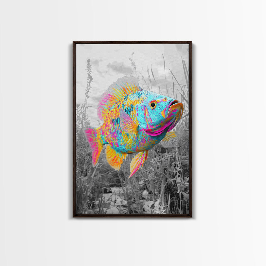 Neon Fish, Color Splash, Bright Animal, Vibrant Water, Framed Canvas Print psychedelic aquatic art, kids room fish wall decor, animal print