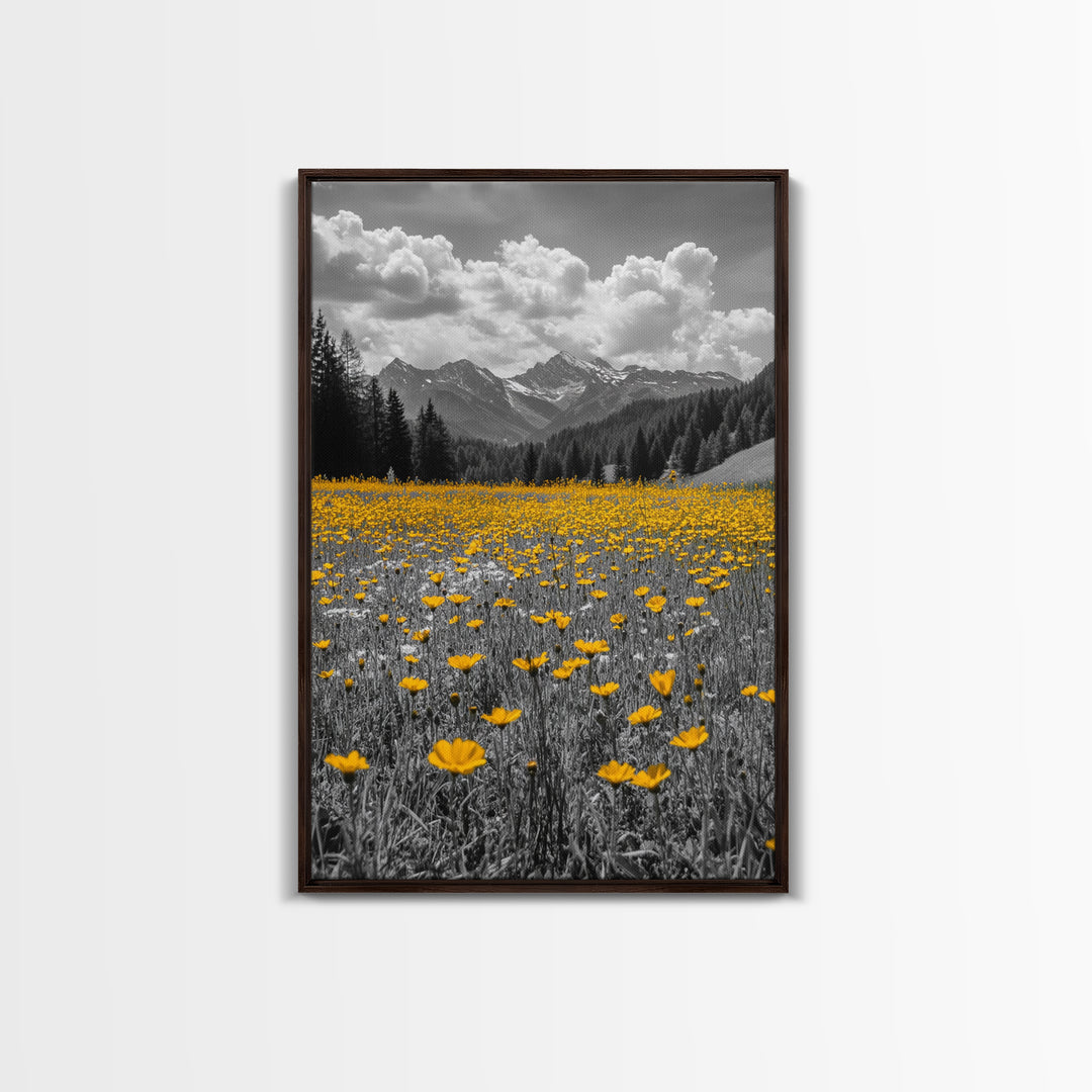Yellow Wildflowers, Mountain Field, Blooming Meadow, Framed Canvas Print, Nature Photography, Rustic Decor, Dining Room Wall Art