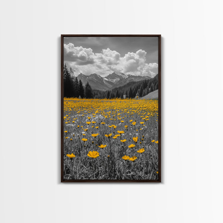 Yellow Wildflowers, Mountain Field, Blooming Meadow, Framed Canvas Print, Nature Photography, Rustic Decor, Dining Room Wall Art