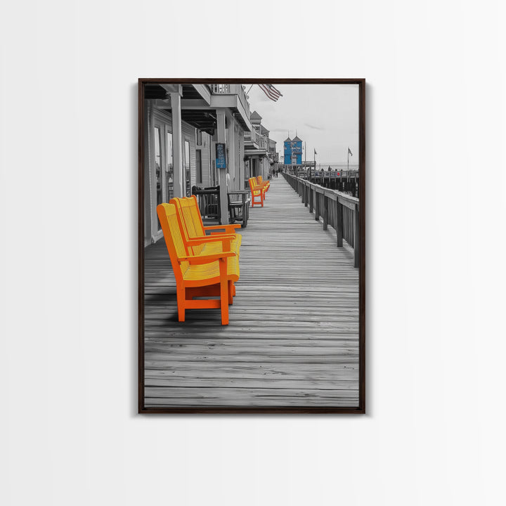 Boardwalk Chairs, Orange Seating, Coastal Town, Wooden Path, Framed Canvas Print beach town photography, nautical home decor, coastal art