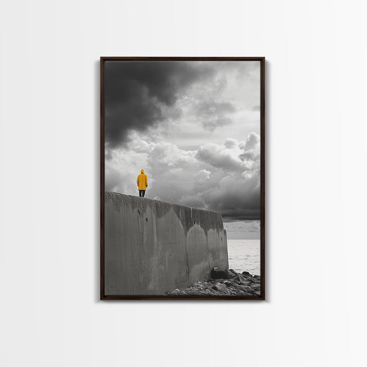 Yellow Raincoat, Ocean Storm, Moody Skies, Framed Canvas Print, Minimalist Wall Art, Coastal Entryway Decor, Contemplative Scene