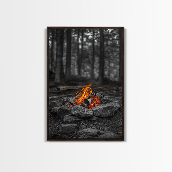 Campfire Glow, Cozy Flames, Autumn Wall Art, Framed Canvas Print, Nature Photography, Rustic Decor, Living Room Cabin Aesthetic