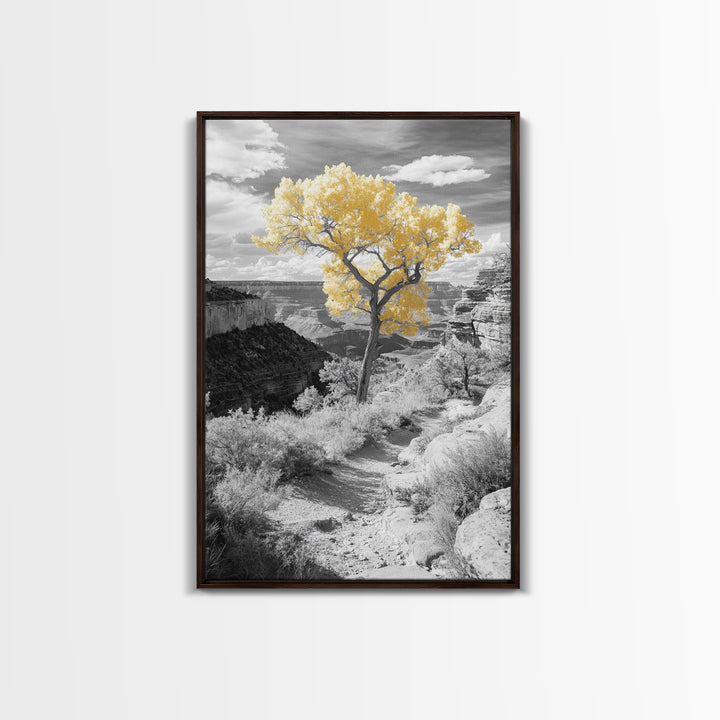 Autumn Canyon Trail, Yellow Tree, Nature Photography, Framed Canvas Print, Fall Wall Decor, Grand Canyon Print, Minimalist Landscape Art