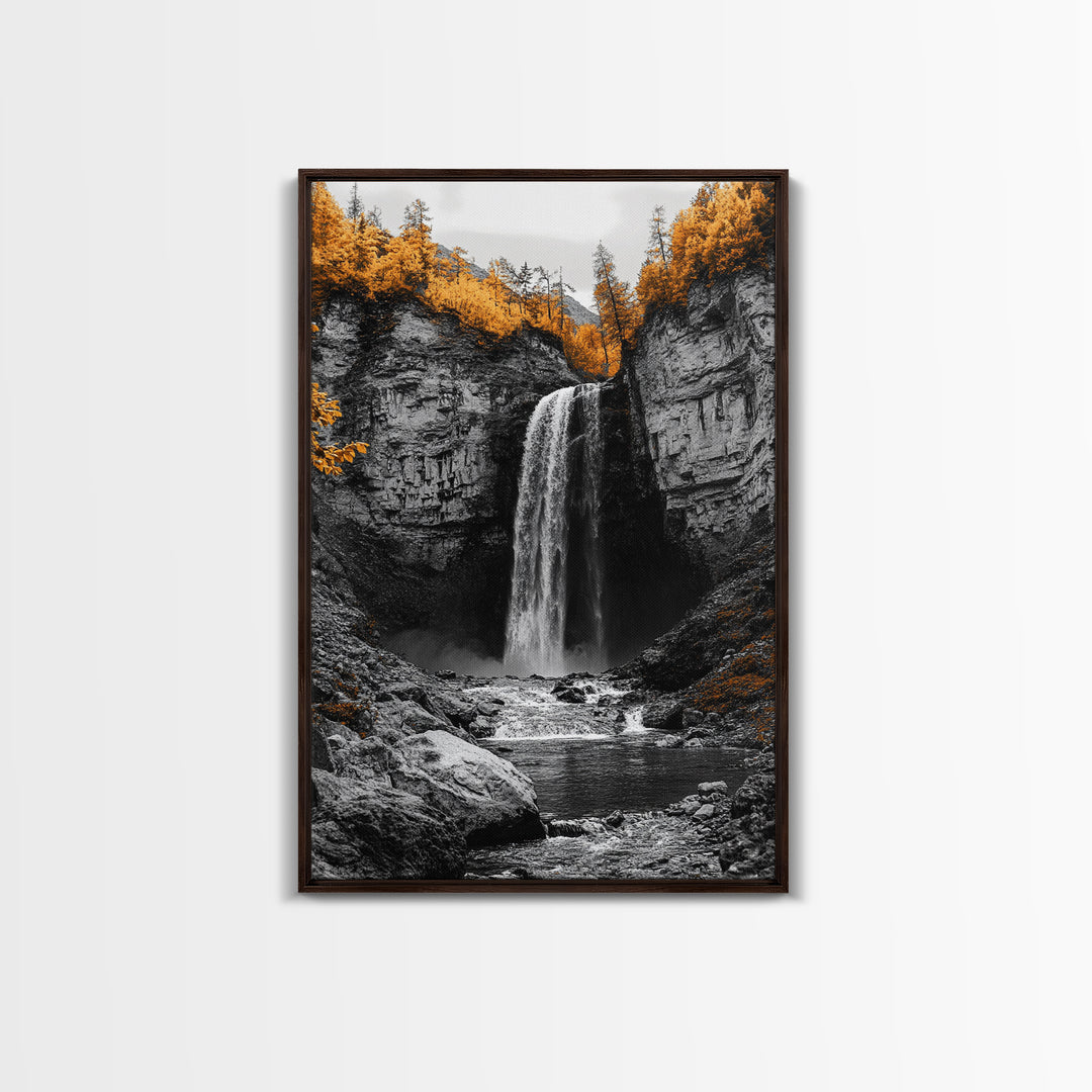 Autumn Waterfall, Forest Stream, Yellow Trees, Canvas Print, Nature Wall Art, Fall Decor, Moody Landscape Art, Living Room Wall Art