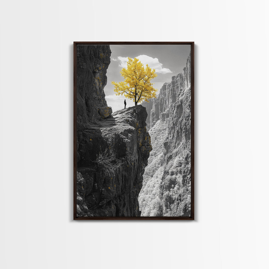 Cliff Tree, Yellow Foliage, Hiker Scene, Framed Canvas Print, Landscape Art, Fall Wall Decor, Adventure Wall Art, Office Statement Piece