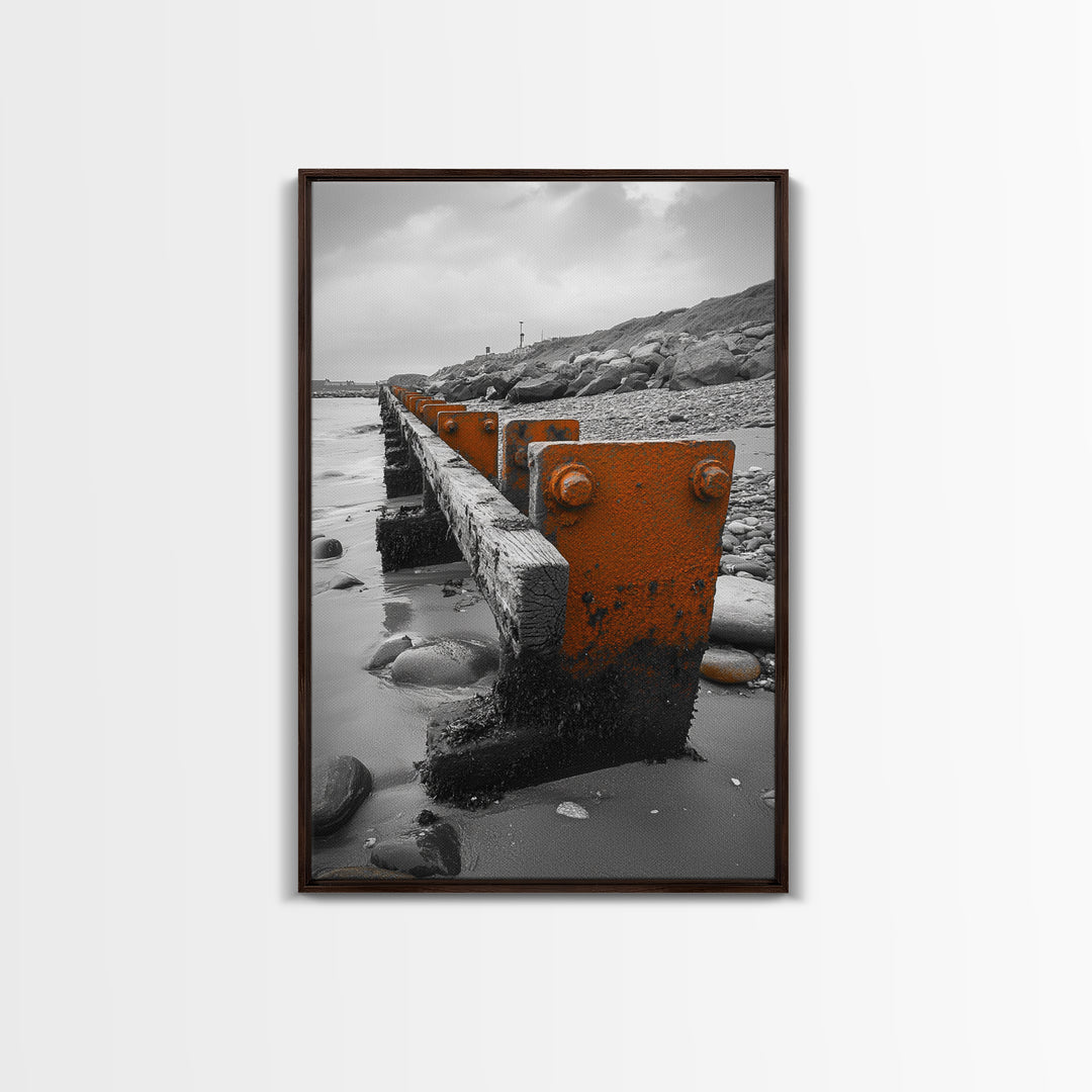 Coastal Breakwater, Rust Texture, Industrial Seascape, Framed Canvas Print, Modern Rustic Wall Art, Ocean Decor, Urban Beach Style