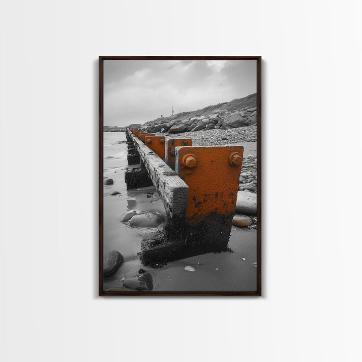 Coastal Breakwater, Rust Texture, Industrial Seascape, Framed Canvas Print, Modern Rustic Wall Art, Ocean Decor, Urban Beach Style