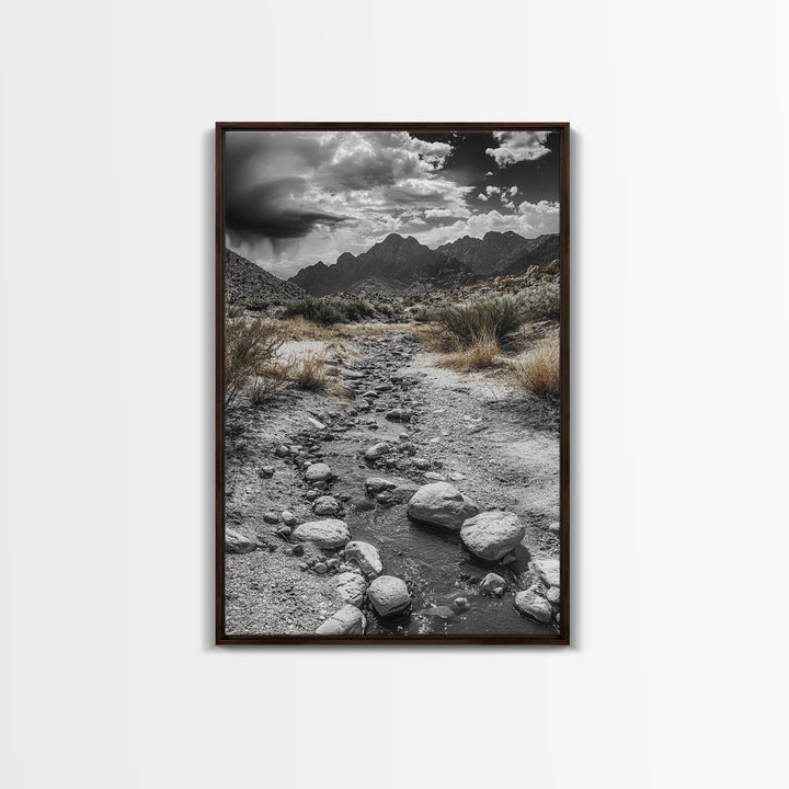 Desert Stream, Rocky Canyon, Moody Sky, Framed Canvas Print, Monochrome Landscape, Minimalist Art, Office or Entryway Decor