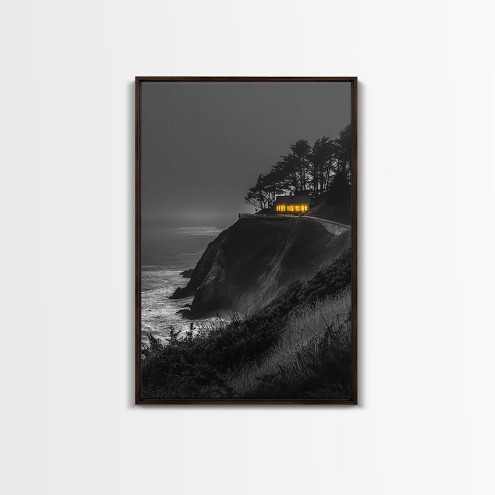 Cabin on Cliff, Moody Coastal Art, Glowing Window, Sunset Seascape, Framed Canvas Print, Minimalist Landscape, Living Room Wall Art