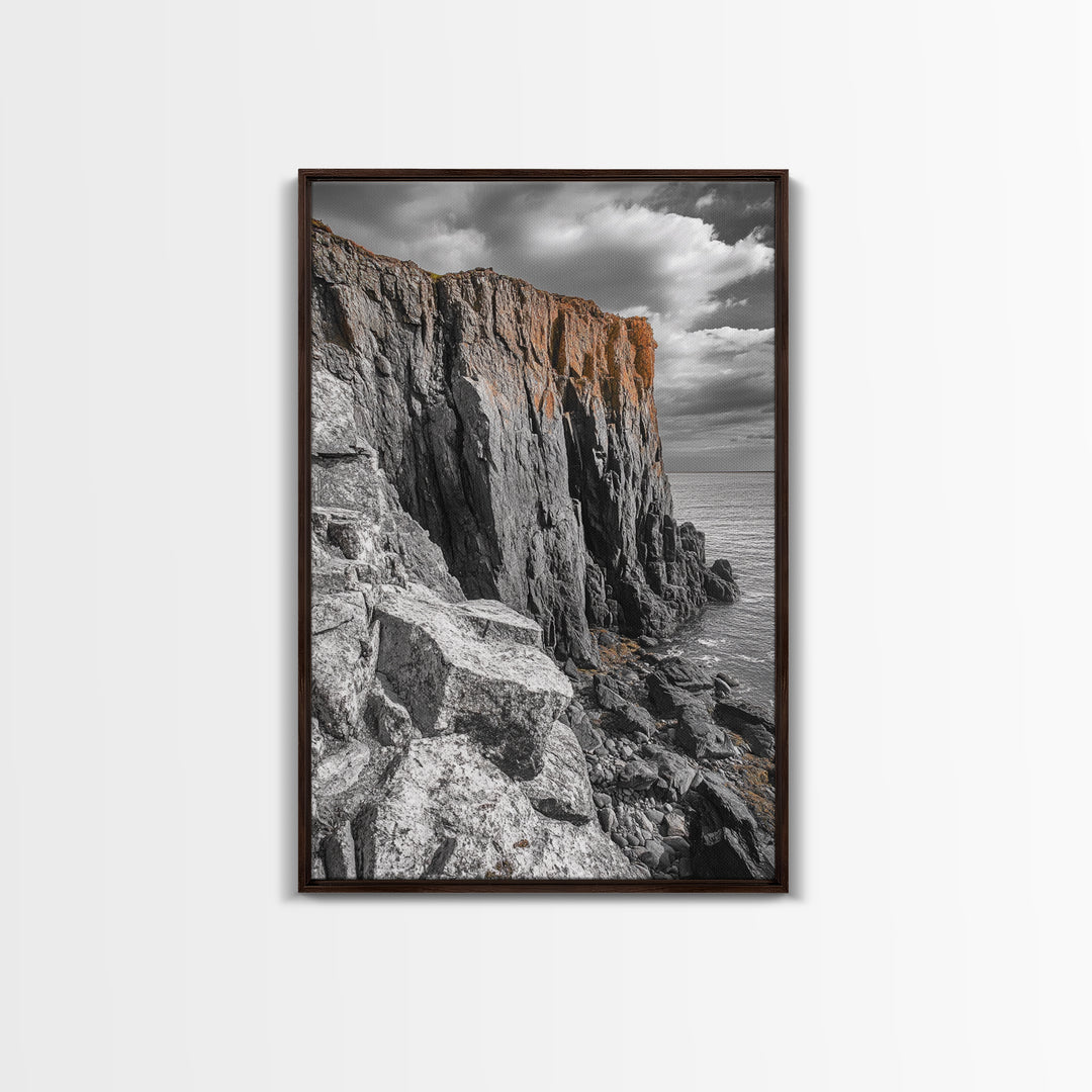 Rugged Cliff Coast, Ocean Rocks, Dramatic Sky, Seaside View, Framed Canvas Print, Coastal Decor, Living Room Wall Art, Earthy Tones
