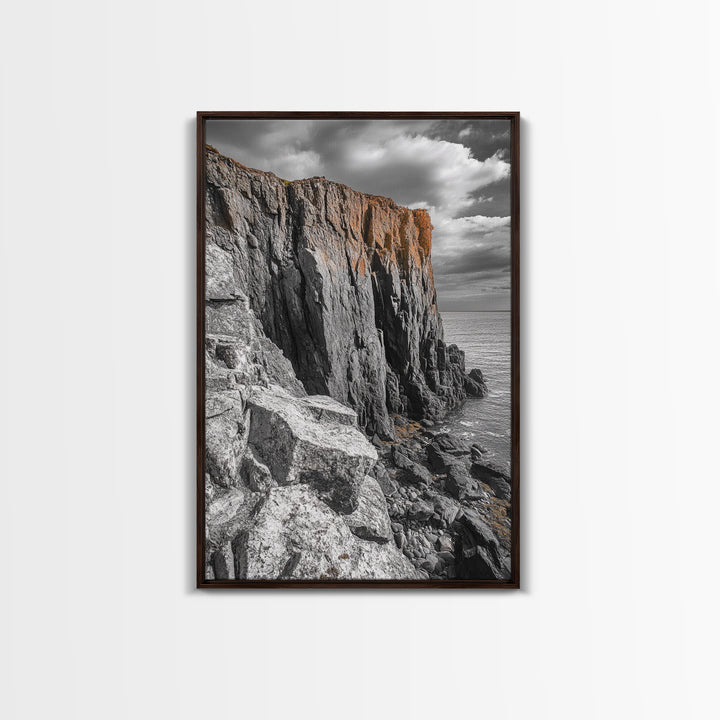Rugged Cliff Coast, Ocean Rocks, Dramatic Sky, Seaside View, Framed Canvas Print, Coastal Decor, Living Room Wall Art, Earthy Tones