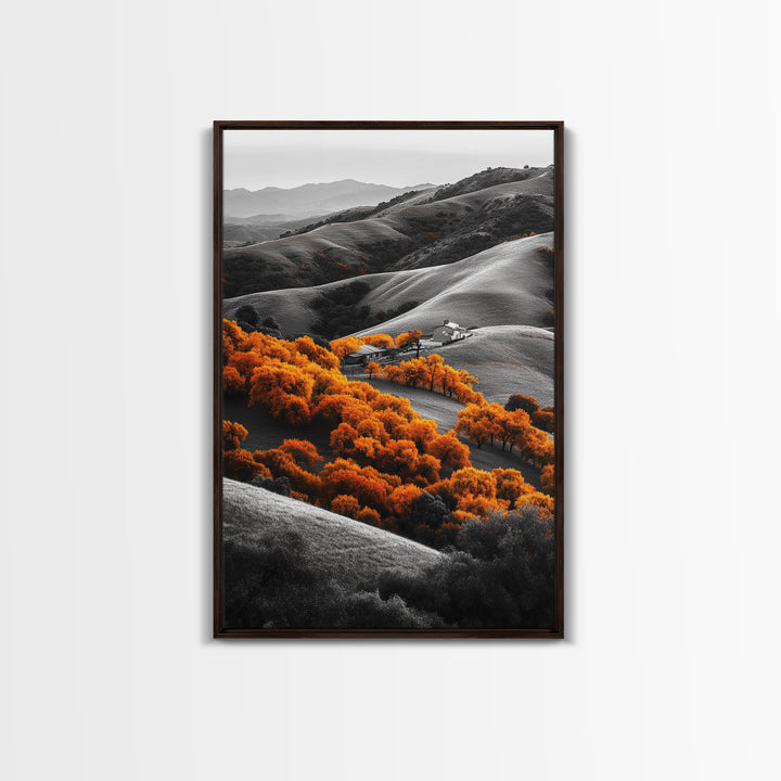 Autumn Hills, Vibrant Trees, Countryside View, Framed Canvas Print, Fall Landscape Art, Farmhouse Decor, Cozy Living Room Accent