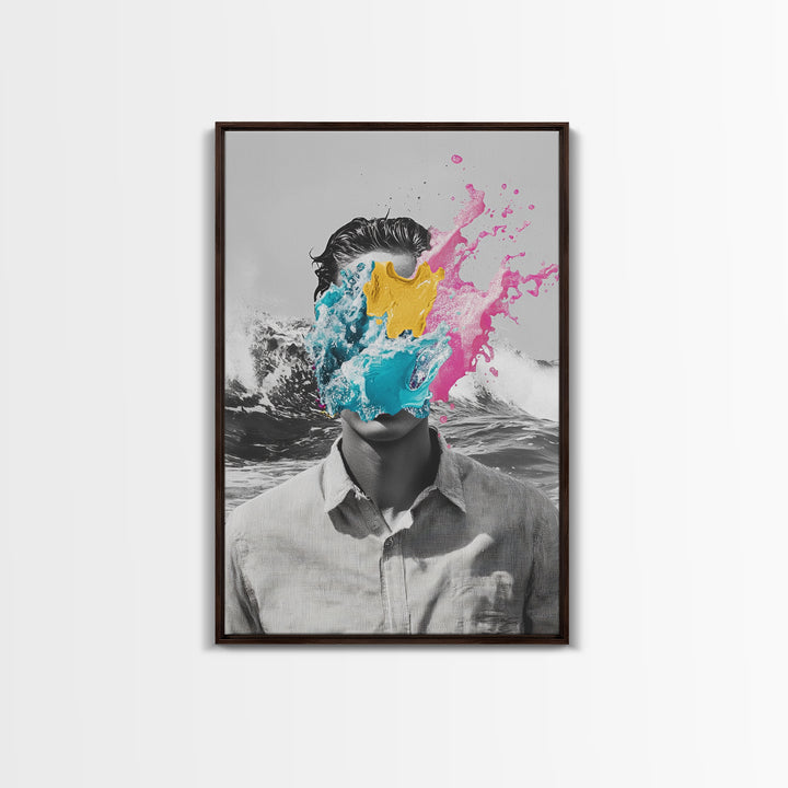 Abstract Portrait, Paint Splash Face, Surreal Ocean Art, Framed Canvas Print, Modern Living Room Art, Pop Surrealism Decor