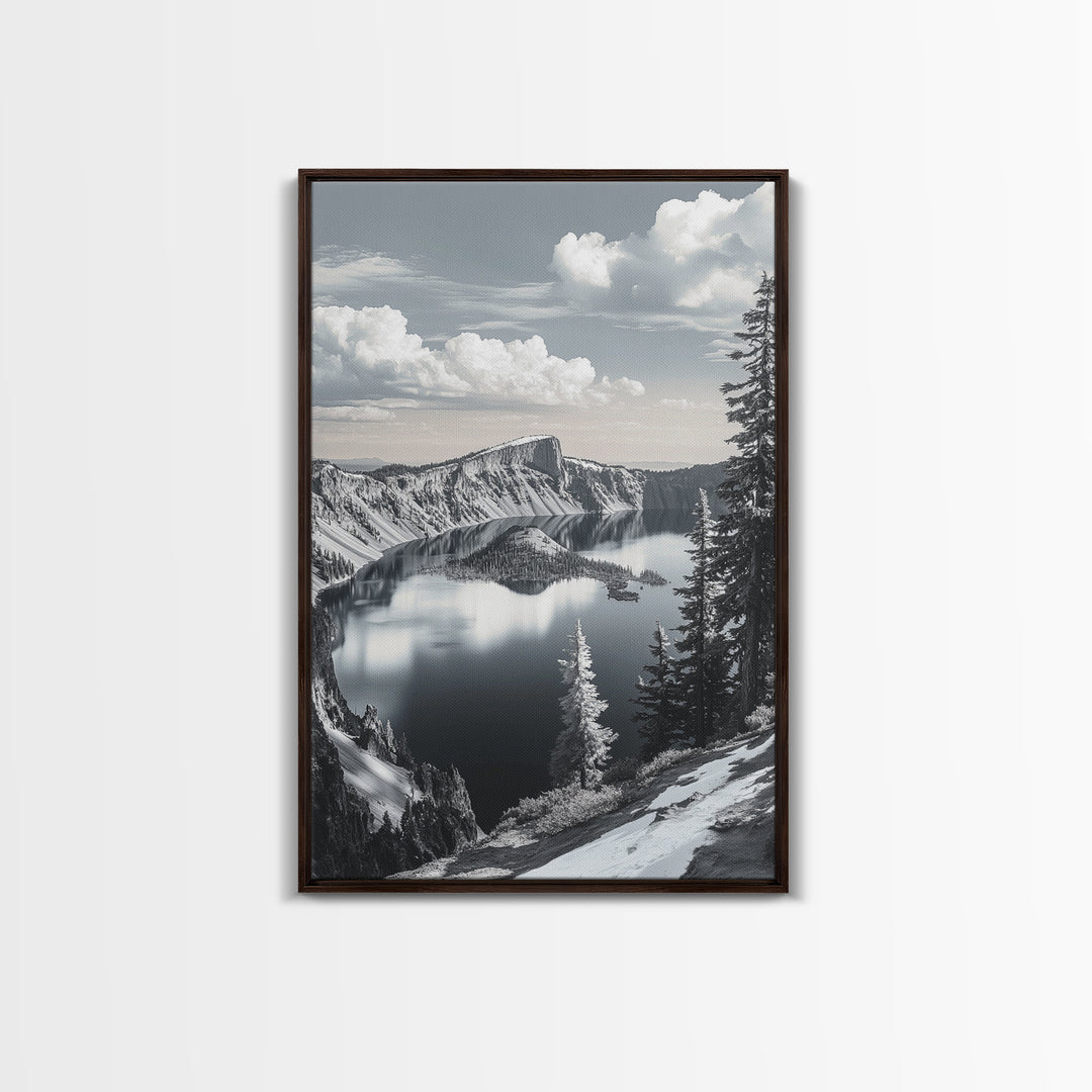 Crater Lake, Snowy Mountains, Scenic Reflection View, Framed Canvas Print, Cabin Wall Art, Winter Landscape Decor, Nature Vibes