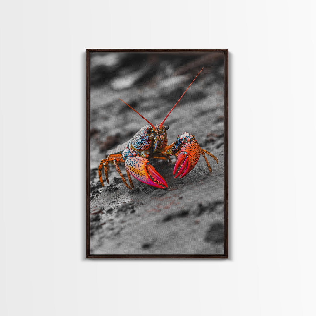 Colorful Lobster, Beach Wildlife, Close-Up Macro Art, Framed Canvas Print, Kitchen Wall Art, Coastal Marine Decor, Vibrant Style