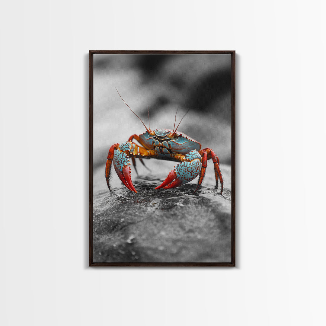 Blue Crab, Vibrant Shell, Coastal Creature Art, Framed Canvas Print, Bathroom Wall Art, Nautical Theme Decor, Ocean Wildlife Art
