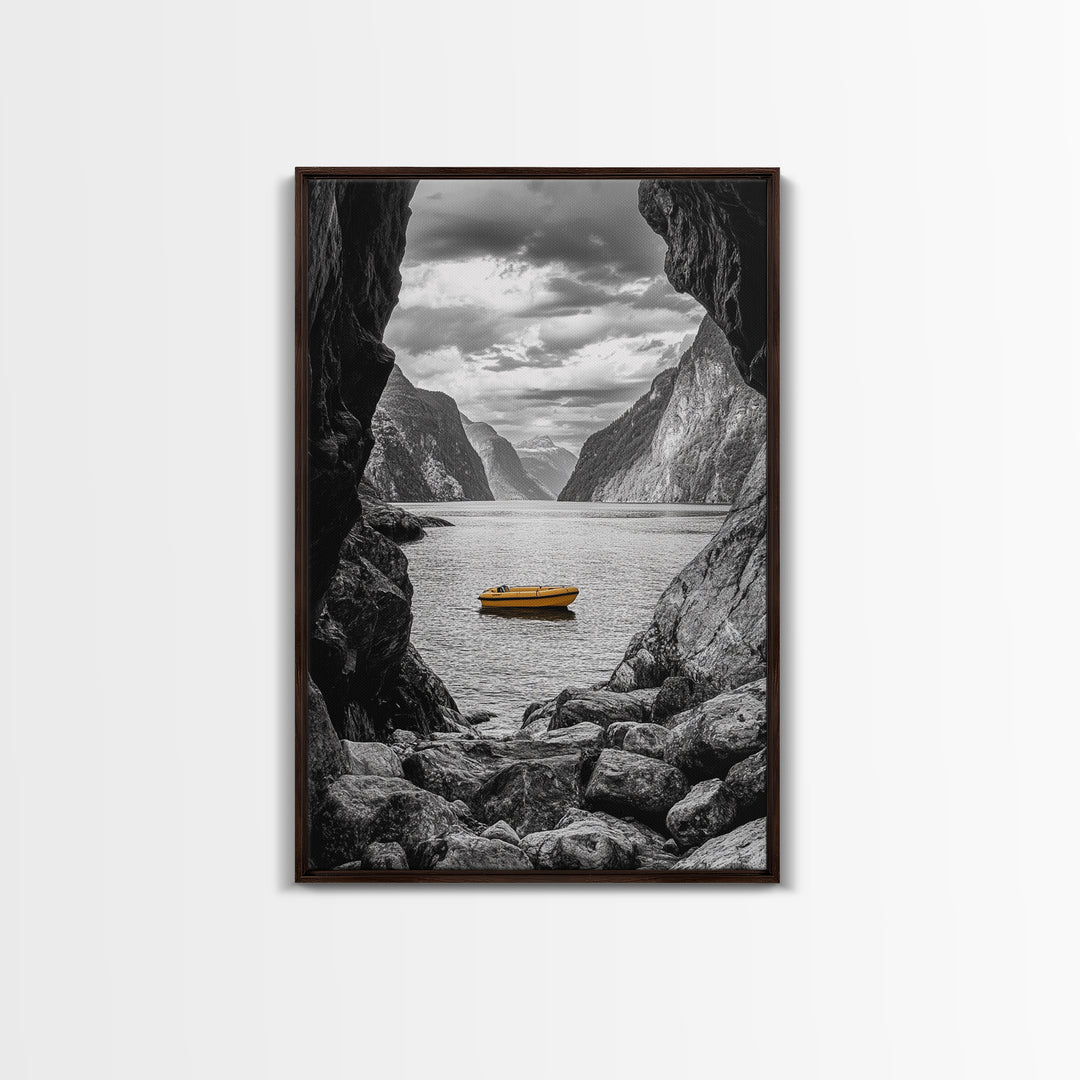 Yellow Boat, Mountain Lake, Serene Fjord Scene, Framed Canvas Print, Minimalist Wall Art, Nature Landscape, Scandinavian Decor