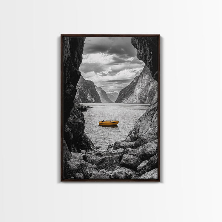 Yellow Boat, Mountain Lake, Serene Fjord Scene, Framed Canvas Print, Minimalist Wall Art, Nature Landscape, Scandinavian Decor