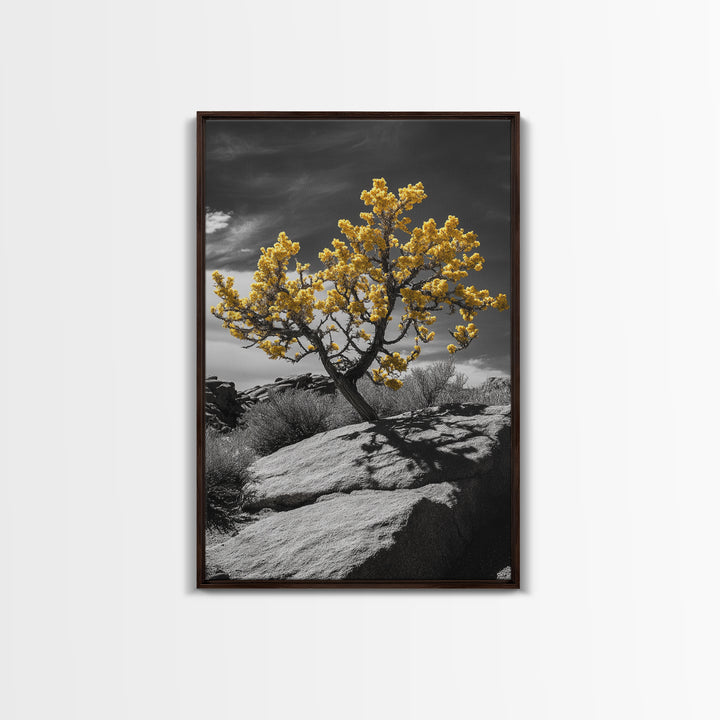 Desert Bloom, Yellow Tree, Rocky Hill, Framed Canvas Print, Southwest Wall Art, Boho Nature Decor, Minimalist Desert Landscape