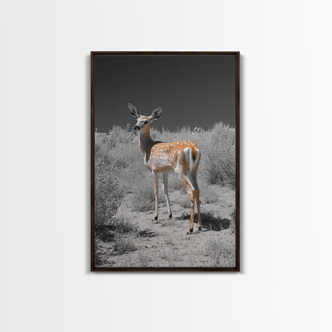 Baby Deer, Spotted Fawn, Desert Wildlife, Framed Canvas Print, Nursery Wall Art, Wildlife Nature Decor, Gentle Forest Animal Art