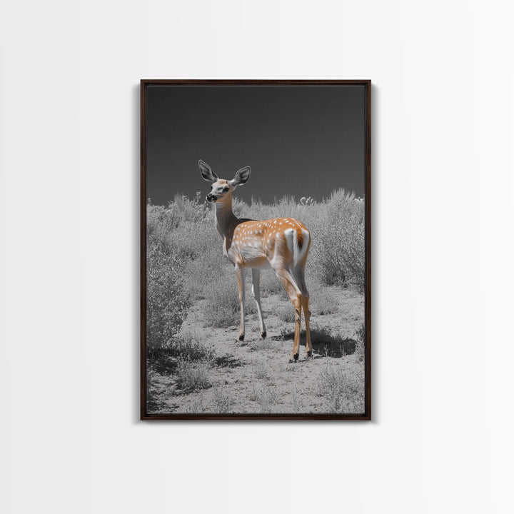Baby Deer, Spotted Fawn, Desert Wildlife, Framed Canvas Print, Nursery Wall Art, Wildlife Nature Decor, Gentle Forest Animal Art