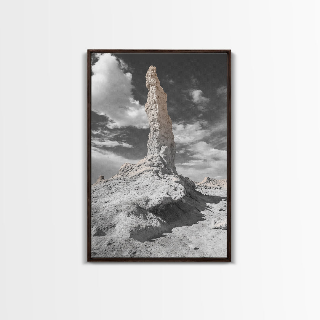 Rock Spire, Desert Monument, Sky Landscape, Framed Canvas Print, Modern Nature Wall Art, Earth Tones Decor, Minimalist Desert Art