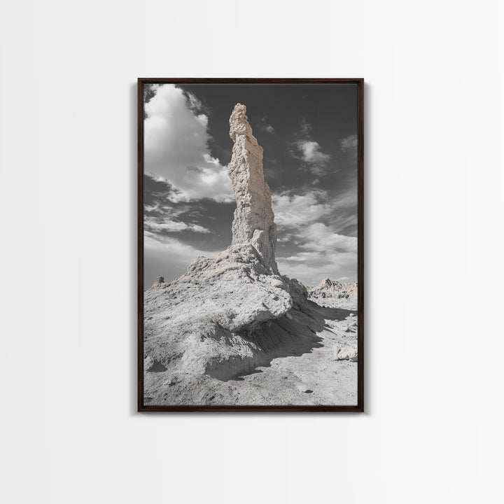 Rock Spire, Desert Monument, Sky Landscape, Framed Canvas Print, Modern Nature Wall Art, Earth Tones Decor, Minimalist Desert Art