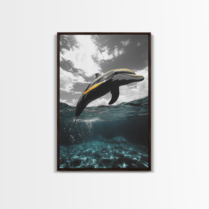 Dolphin Splash, Ocean Wildlife, Underwater Grace, Black White Sea Art, Canvas Print, Bathroom Wall Art, Coastal Decor, Marine Life Style