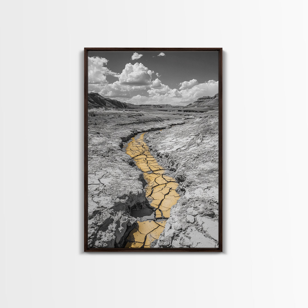 Desert Riverbed, Yellow Crack Trail, Dry Earth Path, Framed Canvas Print, Southwestern Wall Art, Minimalist Nature Decor, Earth Tone Style