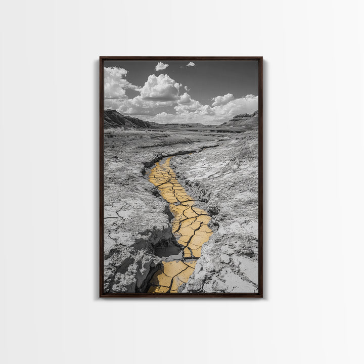 Desert Riverbed, Yellow Crack Trail, Dry Earth Path, Framed Canvas Print, Southwestern Wall Art, Minimalist Nature Decor, Earth Tone Style