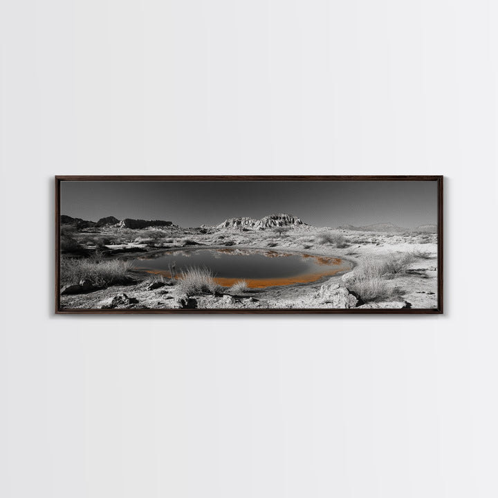 Desert Water Reflection, Desert Pond Scene, Minimalist Landscape Art, Framed Canvas Print, Neutral Wall Decor, Tranquil Nature Artwork