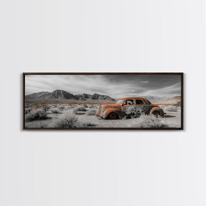 Desert Wreck, Abandoned Car, Moody Landscape, Rusty Vehicle — Framed Canvas Print, Industrial Wall Art, Garage Decor, Western Photography