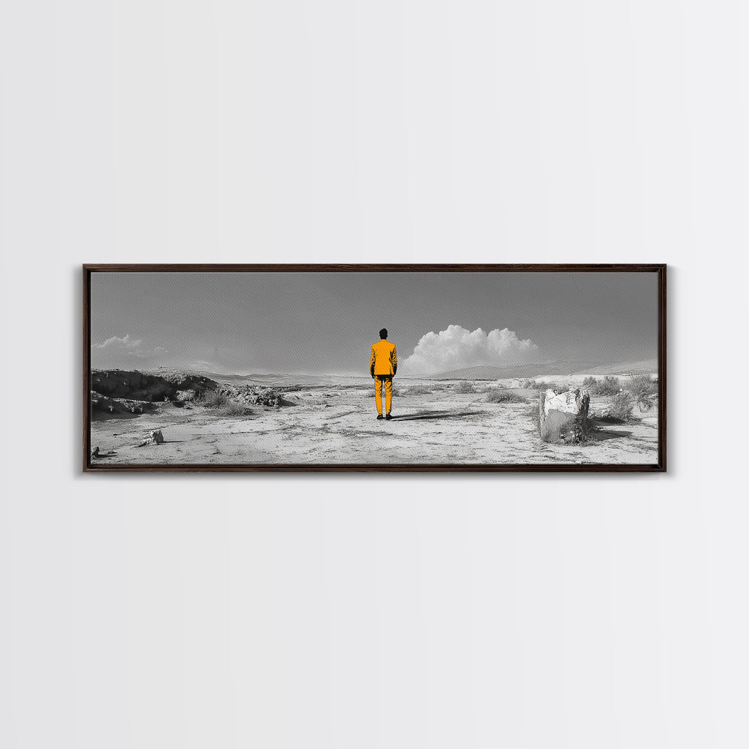 Yellow Suit, Surreal Desert, Lone Wanderer, Conceptual Art — Framed Canvas Print, Modern Art, Office Decor, Minimalist Statement Piece